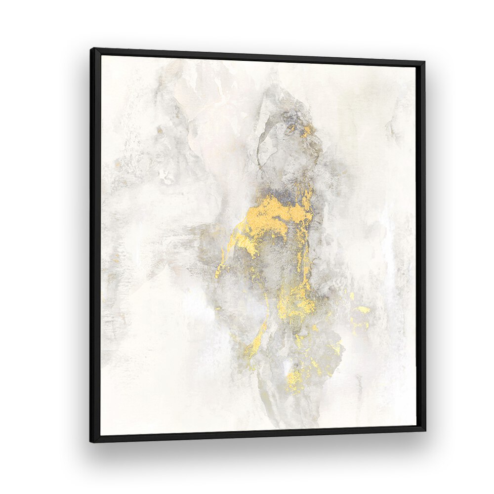 Stylish abstract painting titled "YOSEMITE FALLS I," featuring elegant gold accents on a soft gray background.