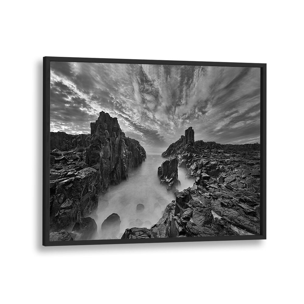 Transform your space with GATE TO HEAVEN, PHOTOGRAPHY PRINTS showcasing stunning rocky landscapes in serene black and white.