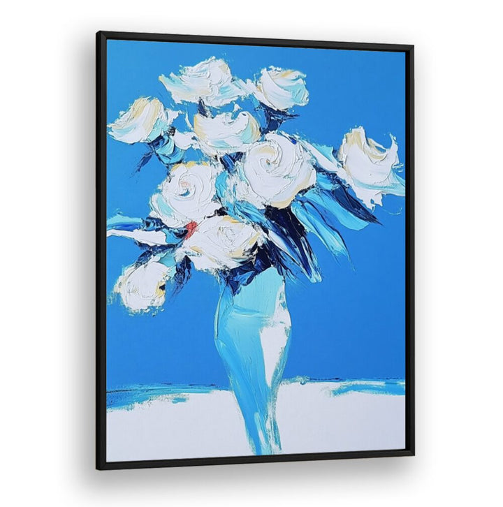 Stunning WHITE ROSES IN A BLUE VASE, perfect for enhancing home decor with elegance and charm. Ideal centerpiece!
