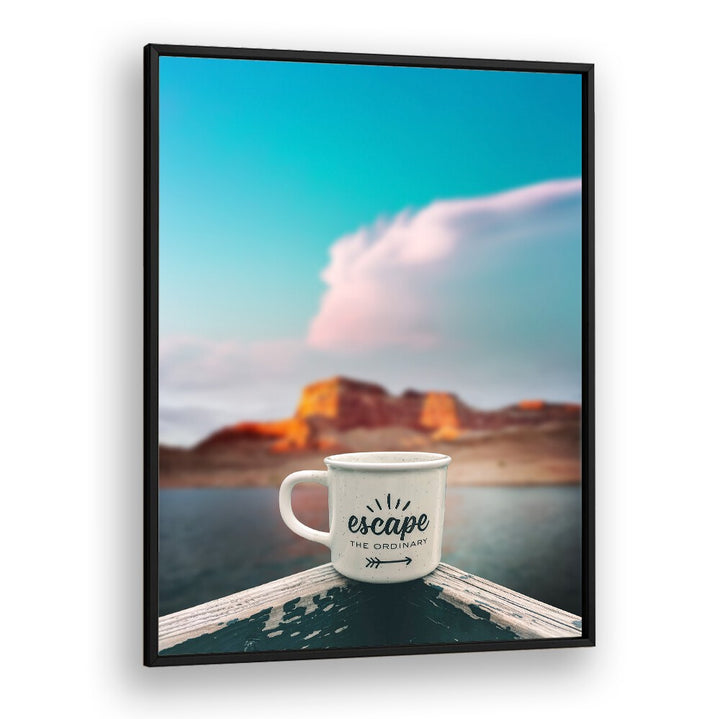 Stylish mug on a dock with “escape the ordinary” for ESCAPE USA TRAVEL, QUOTES inspiring your adventures.