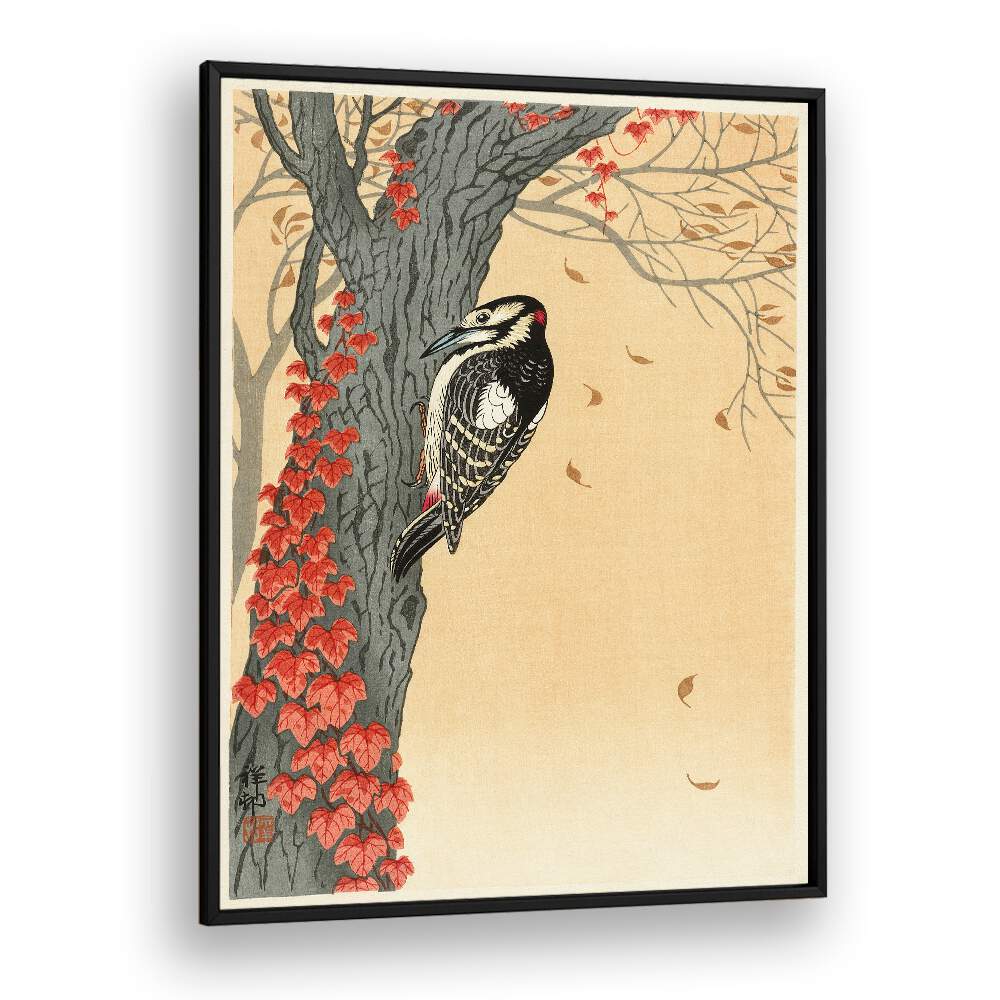 GREAT SPOTTED WOODPECKER IN TREE WITH RED IVY (1925 - 1936) , JAPANESE PAINTINGS , JAPANESE ART PRINTS