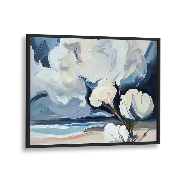 Elegant WHITE FLOWERS ON THE BEACH artwork showcases delicate blooms against serene sandy shores, perfect for any space.