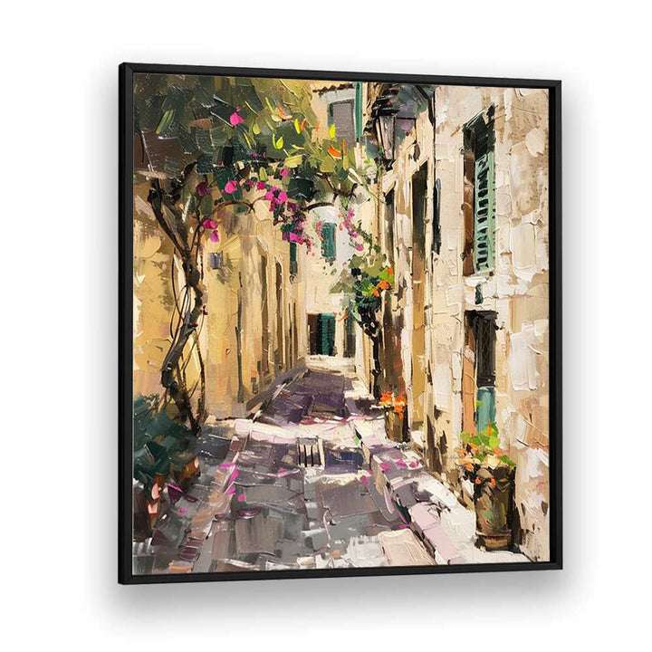 Elegant ALLEYWAY MALLORCA artwork showcasing a picturesque street scene with vibrant flowers and charming architecture.