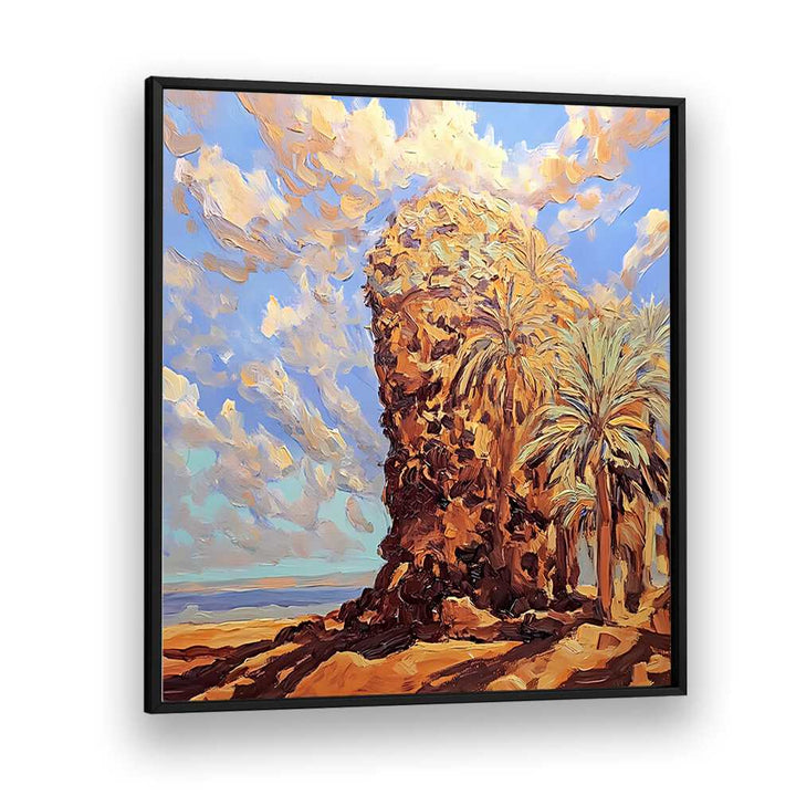 Vibrant artwork titled PALMS BY THE SEA, capturing coastal serenity with lush palm trees and a tranquil sky.
