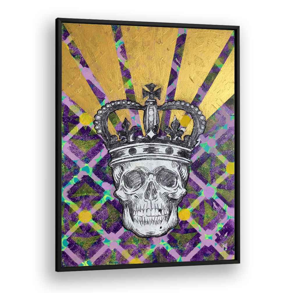 MEMENTO MORI 4.0, POP ART PAINTINGS feature a skull crowned, blending art and philosophy in vibrant colors.