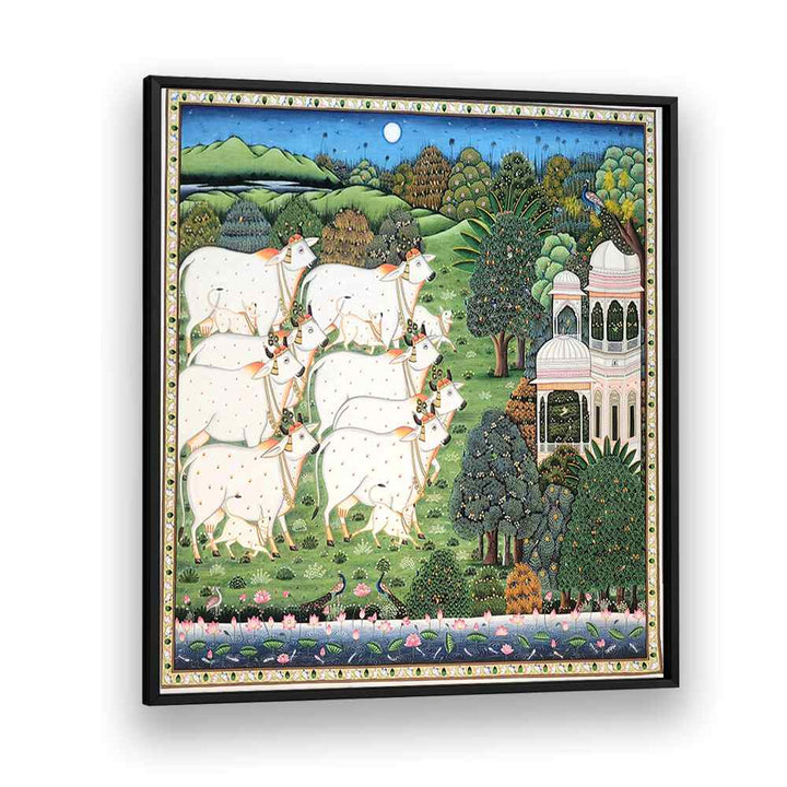 COW AND CALF PICHWAI, INDIAN ART PAINTINGS showcase vibrant rural life, beautifully hand-painted by skilled artisans.