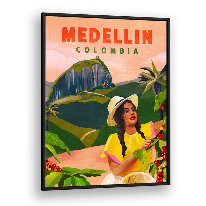 Vibrant Medellin Colombia vintage travel poster showcasing local culture and landscapes, perfect for decor enthusiasts.