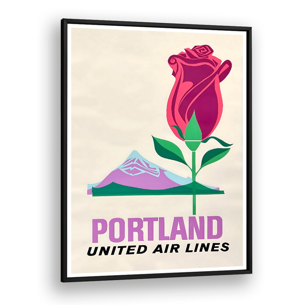 Stylish PORTLAND UNITED AIR LINES, VINTAGE TRAVEL POSTERS featuring a rose and mountain, perfect for aviation enthusiasts.