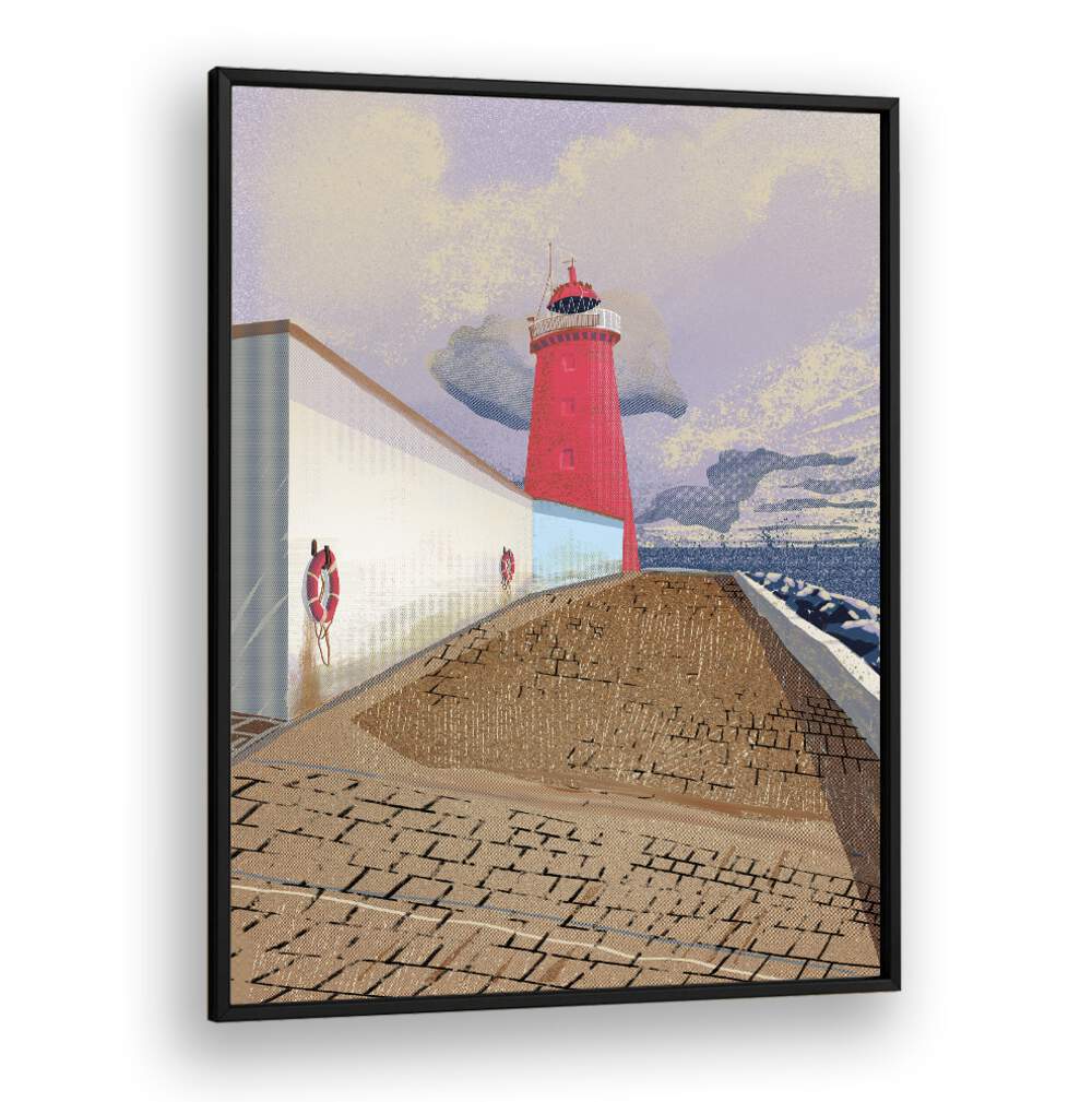 Vibrant POOLBEG LIGHTHOUSE, BEACH PAINTINGS showcasing iconic red lighthouse against serene coastal scenery.