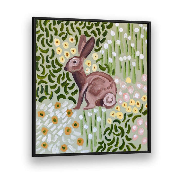 Charming rabbit amidst vibrant blooms in COZY CORNER, ANIMAL PAINTINGS, perfect for your abstract wildlife decor.