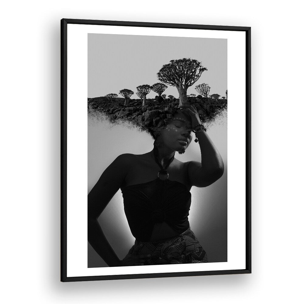 Stunning NAMBIA THOUGHTS, SURREAL ART PRINTS featuring a woman with a landscape-inspired hairstyle and striking design.