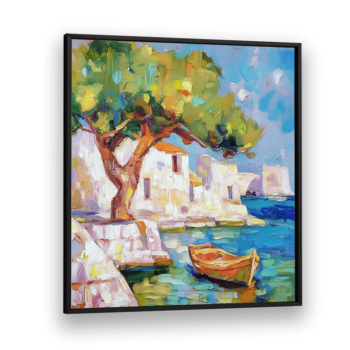Colorful coastal scene featuring a charming BOAT BY THE SEA, perfect for enhancing your home or garden decor.