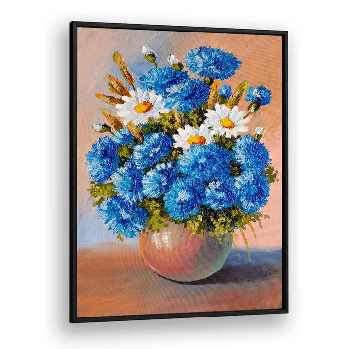 Blue and White Petals Vintage European Paintings in Black Plain Frame