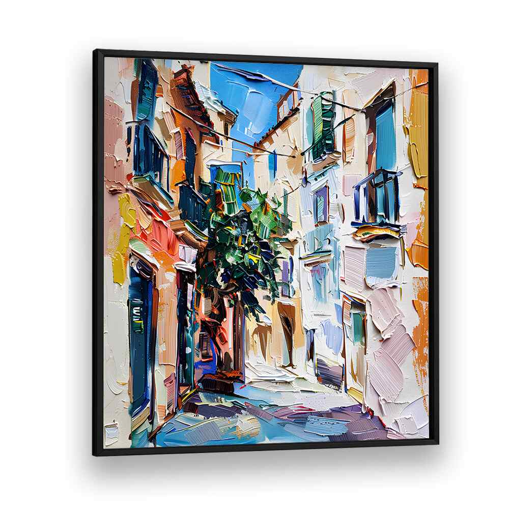 Vibrant depiction of a sunny alleyway, showcasing the charm of MALLORCA STREET in elegant colors and textures.