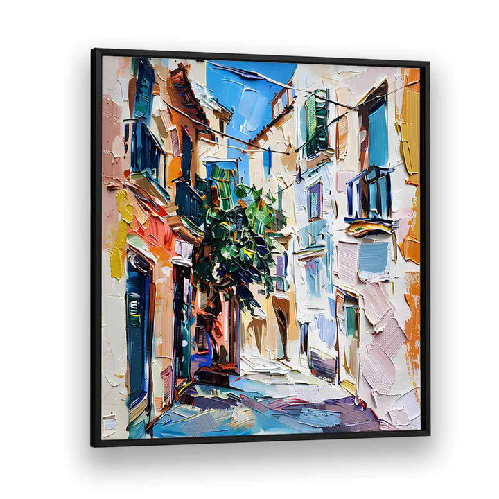Vibrant depiction of a sunny alleyway, showcasing the charm of MALLORCA STREET in elegant colors and textures.