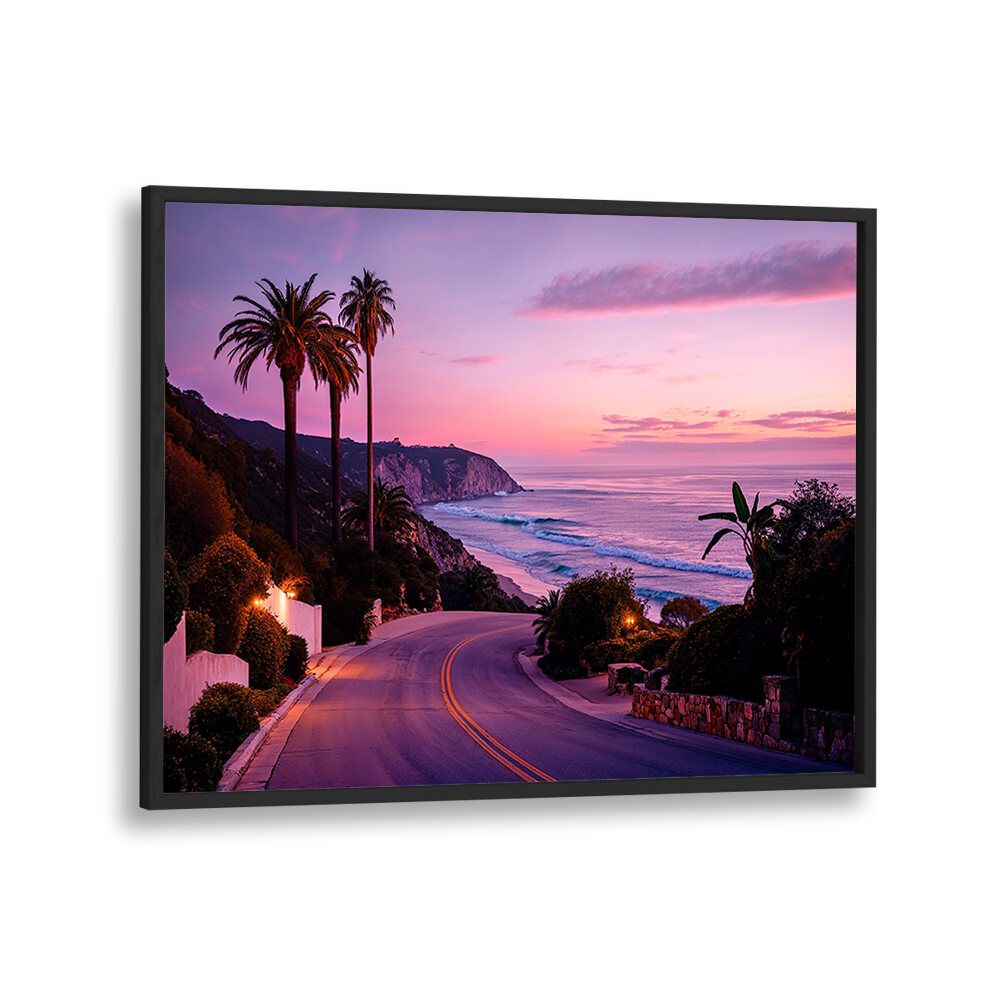 L.A BEACH ROAD, BEACH PAINTINGS showcase a stunning coastal view, capturing California's vibrant sunset allure.