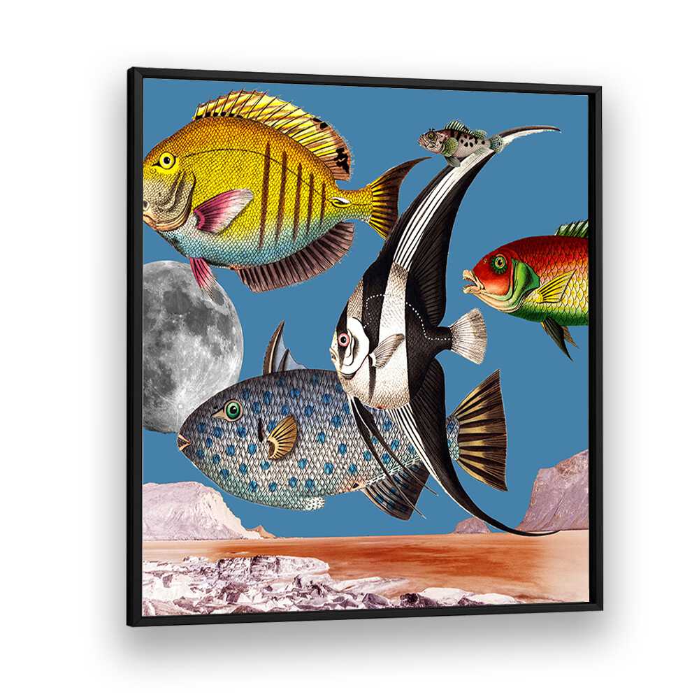 Vibrant FISH WORLD BLUE, BEACH PAINTINGS showcase colorful fish in a stunning digital collage, perfect for ocean lovers.