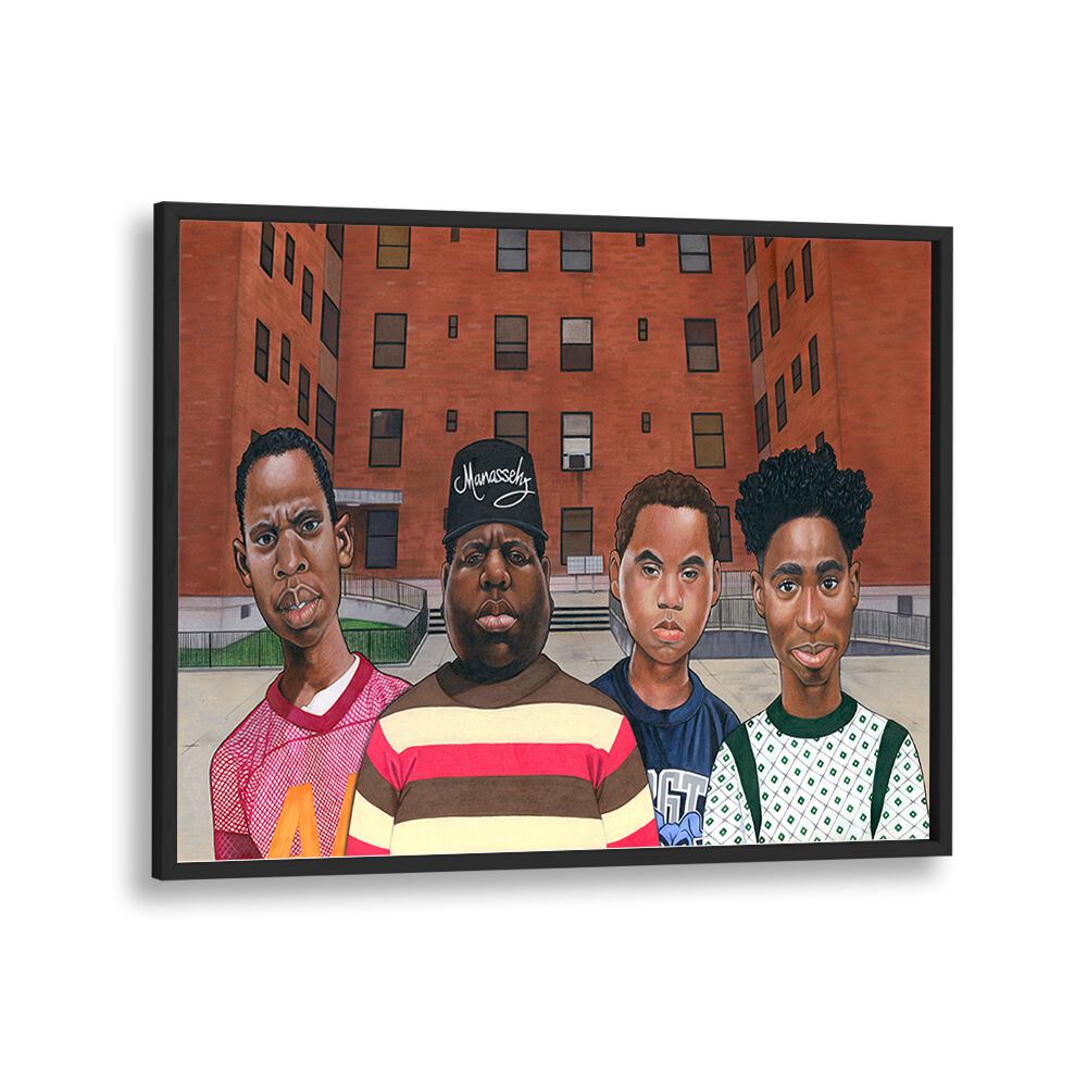 BOYZ IN THE HOOD, AFRICAN ART PAINTINGS showcase hip hop legends in vibrant urban settings, celebrating street culture.