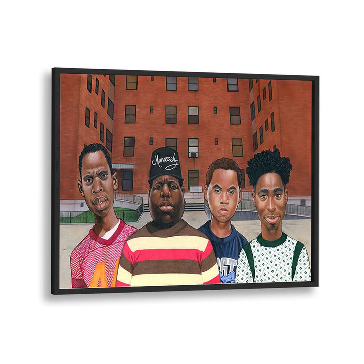 BOYZ IN THE HOOD, AFRICAN ART PAINTINGS showcase hip hop legends in vibrant urban settings, celebrating street culture.