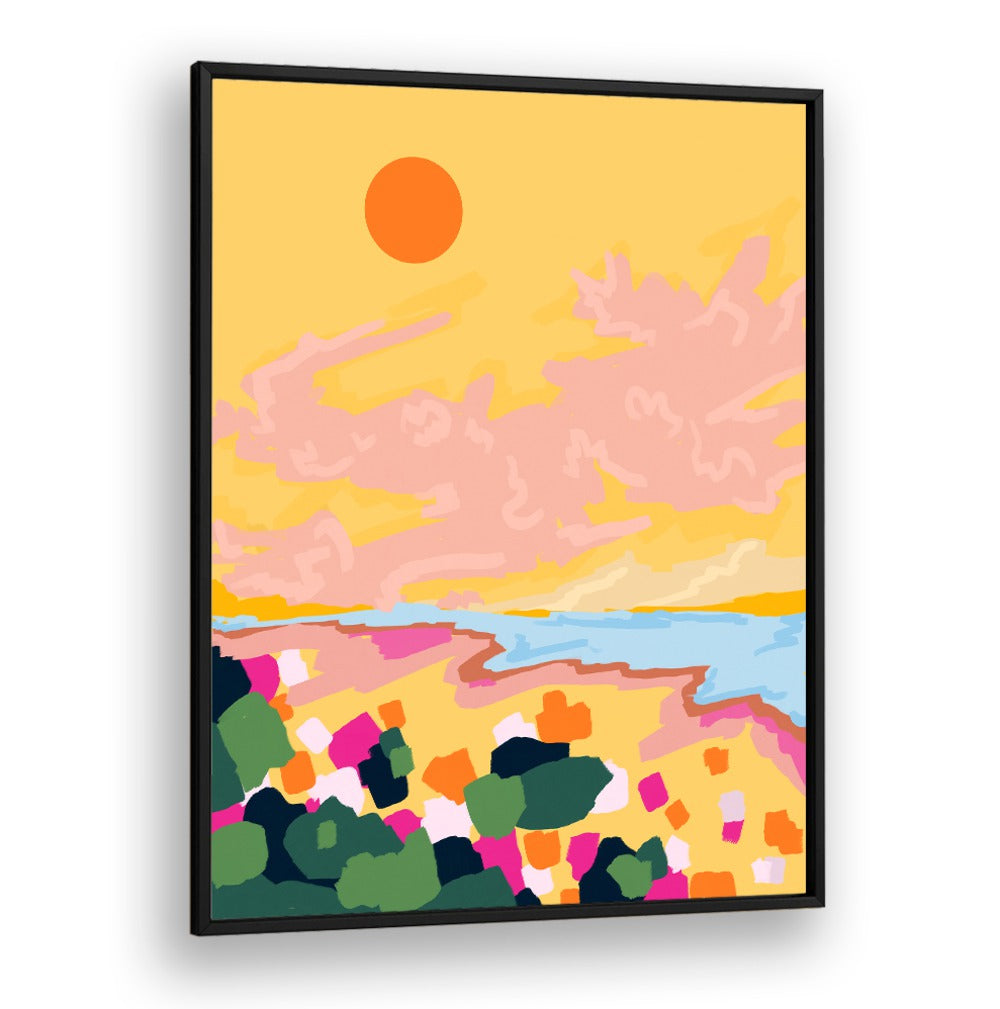 Vibrant SUN EMBRACE, LANDSCAPE PAINTINGS capturing a sunset over the sea, perfect for enhancing your space.