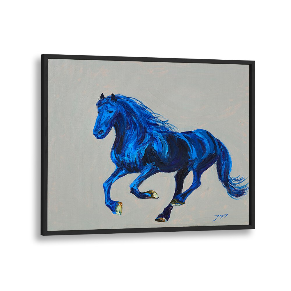 Vibrant artwork of a blue horse captures power and grace, ideal for animal paintings lovers. Perfect for your decor.