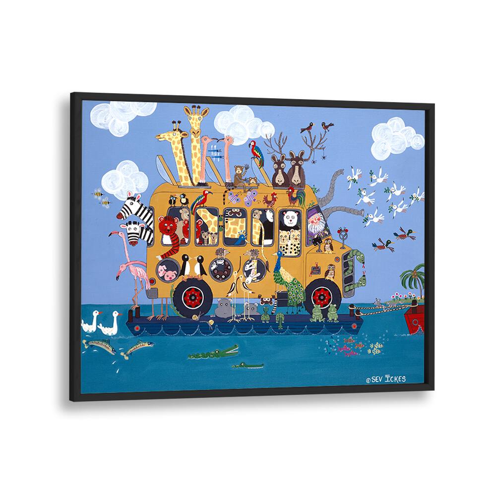 Whimsical NOAHS BUS, KIDS ROOM PAINTINGS featuring Noah's colorful bus and adorable animals, perfect for kids' decor.