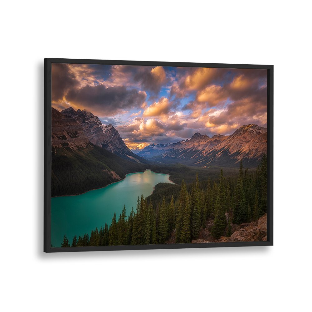 Breathtaking PEYTO LAKE AT DUSK, PHOTOGRAPHY PRINTS showcasing serene Canadian wilderness and vibrant skies.