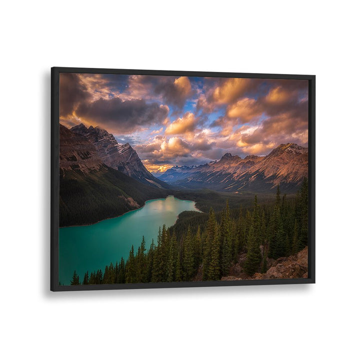 Breathtaking PEYTO LAKE AT DUSK, PHOTOGRAPHY PRINTS showcasing serene Canadian wilderness and vibrant skies.