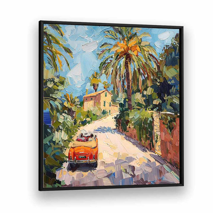 Vibrant artwork of a vintage car driving through a sunny landscape, showcasing CAR ON THE ROAD II's charm.