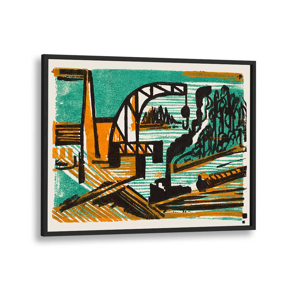 RIVER LANDSCAPE WITH CRANE AND BARGES (1927)  , VINTAGE PAINTINGS