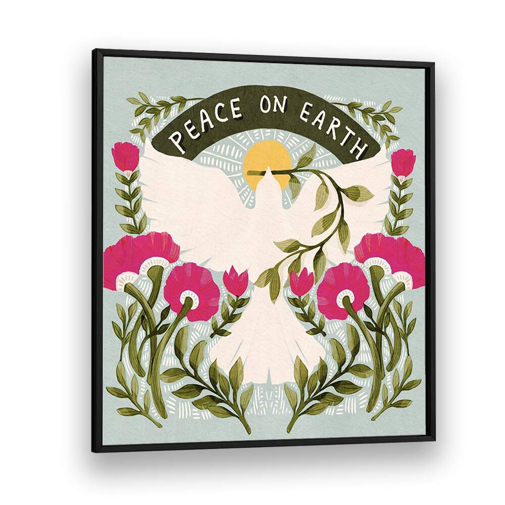 Stylish PEACE ON EARTH, QUOTES poster featuring a dove and vibrant flowers, perfect for serene home decor.