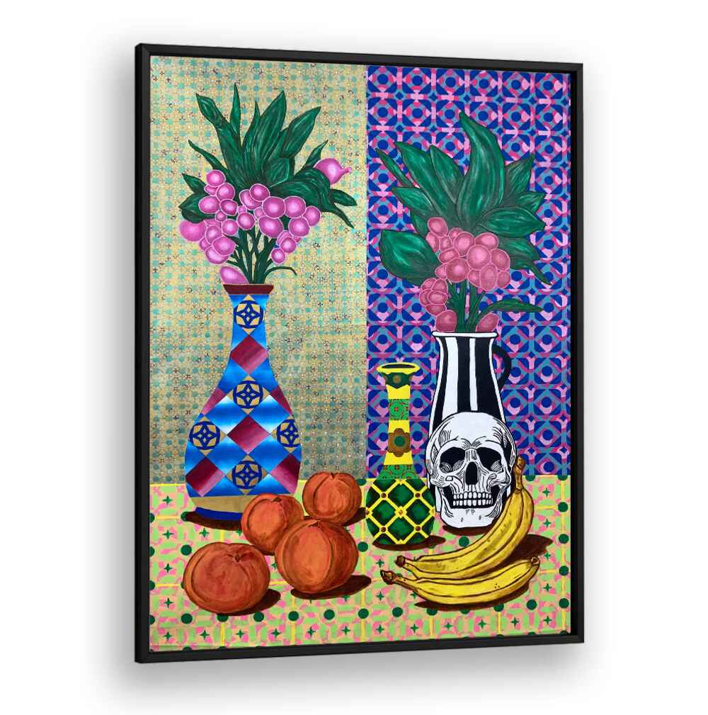 Brightly colored STILL MEMENTO, KITCHEN POSTERS featuring vases, fruits, and a skull, perfect for modern home decor.