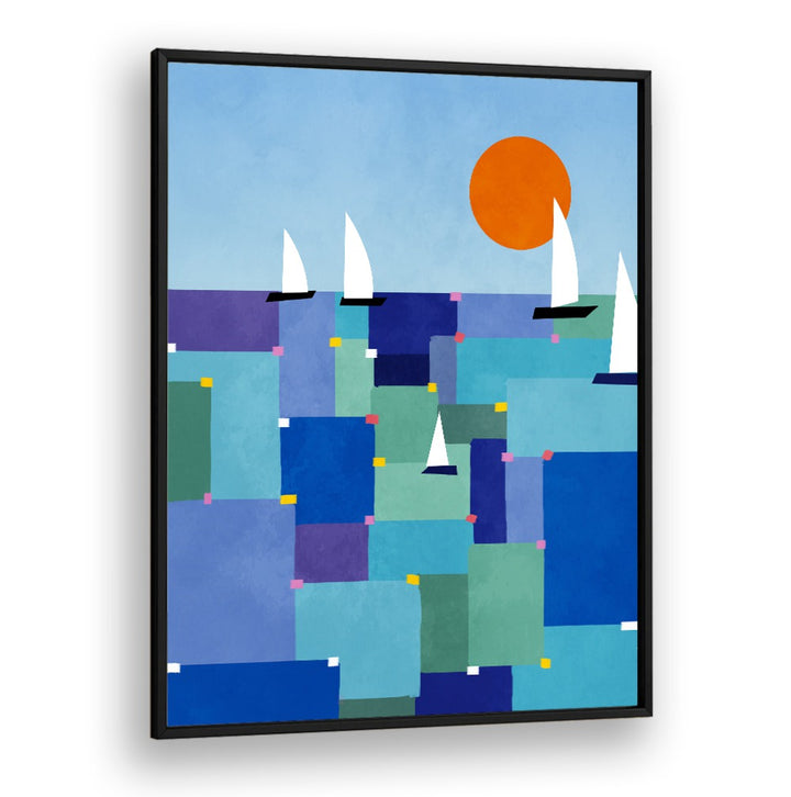 Vibrant RADIANT OCEAN VOYAGE, BEACH PAINTINGS showcasing colorful sails against a serene sea backdrop for home decor.