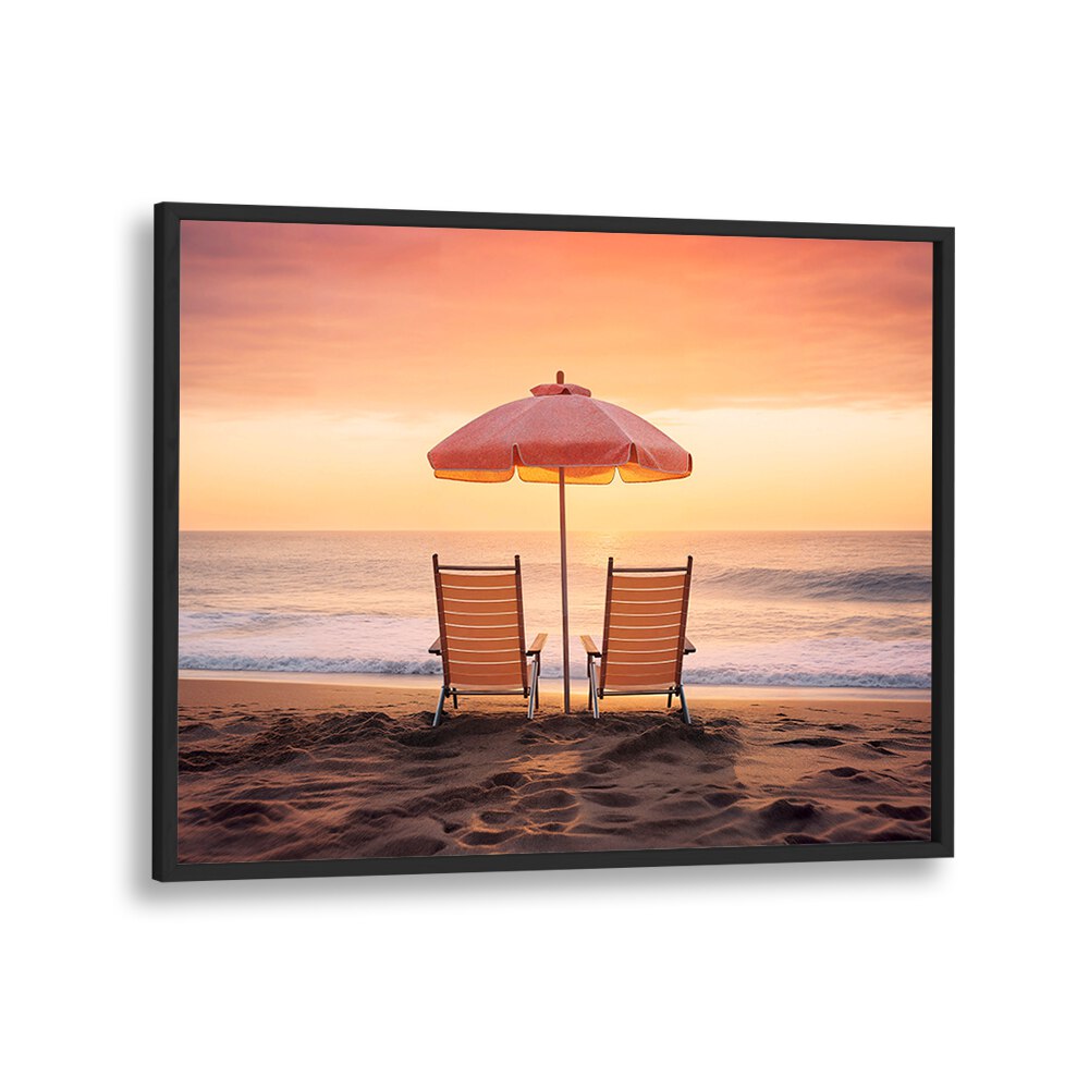 BOTH FACING THE OCEAN, BEACH PAINTINGS showcase serene chairs under an umbrella, capturing coastal tranquility beautifully.
