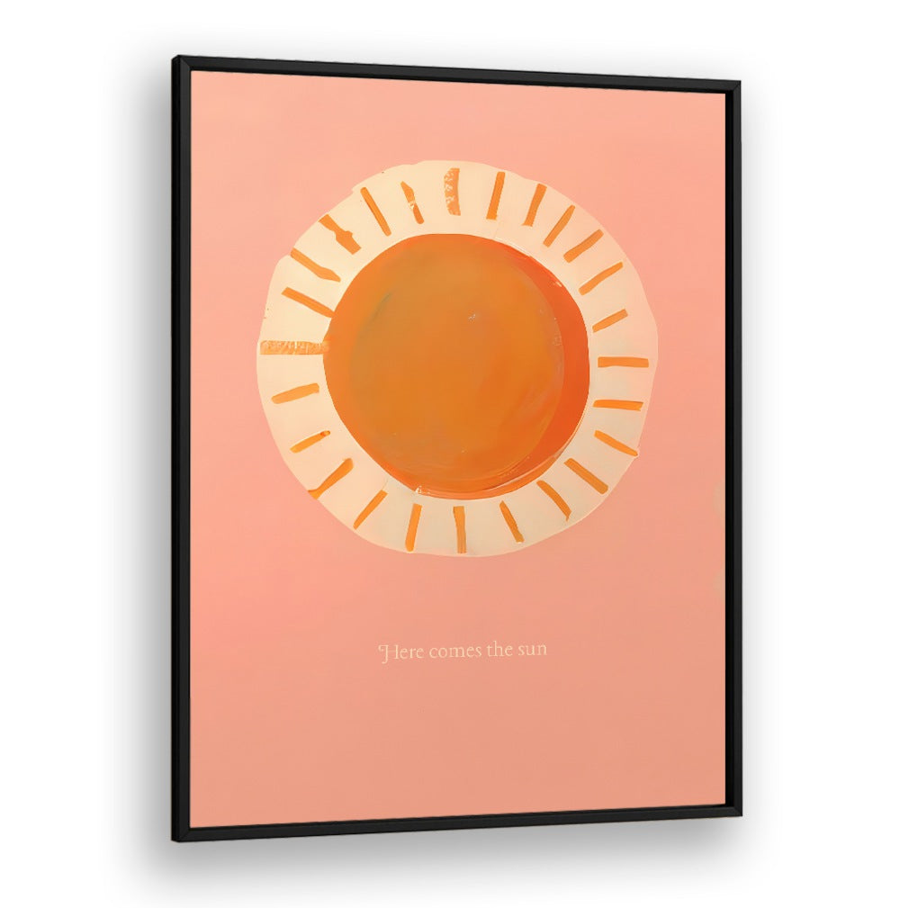 Bright and cheerful HERE COMES THE SUN , KIDS ROOM PAINTINGS with a warm sun illustration on pink background by LittleLark.