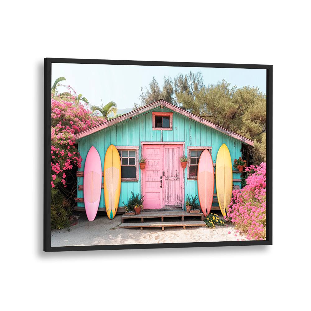 Colorful beach scene featuring surfboards and a charming cottage, perfect for PARADISE LOST, BEACH PAINTINGS.