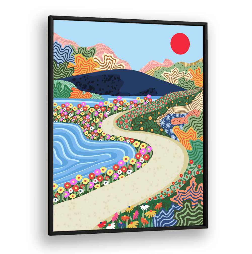Colorful SOOTHING HORIZON, LANDSCAPE PAINTINGS depicting a serene path by a vibrant flower-filled landscape.