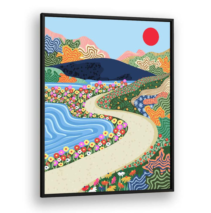 Colorful SOOTHING HORIZON, LANDSCAPE PAINTINGS depicting a serene path by a vibrant flower-filled landscape.