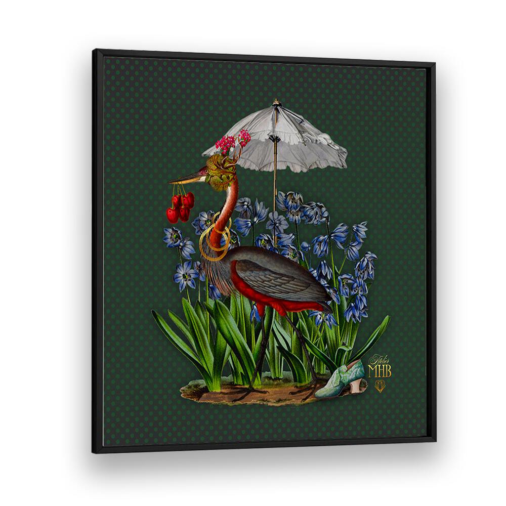 Whimsical heron under an umbrella surrounded by flowers from the ENCHANTED FOREST V, ANIMAL PAINTINGS collection.