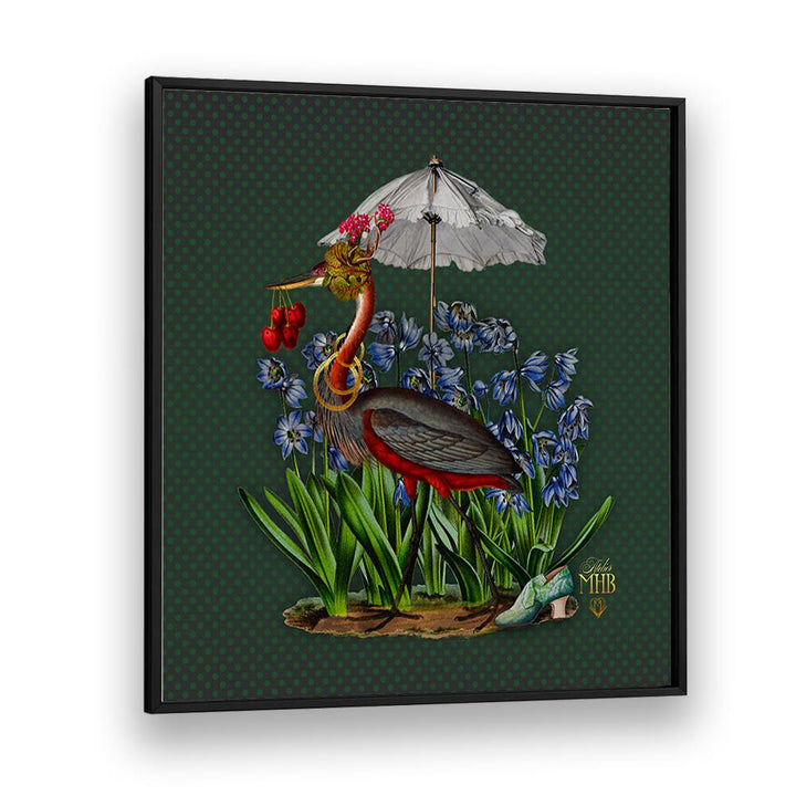 Whimsical heron under an umbrella surrounded by flowers from the ENCHANTED FOREST V, ANIMAL PAINTINGS collection.