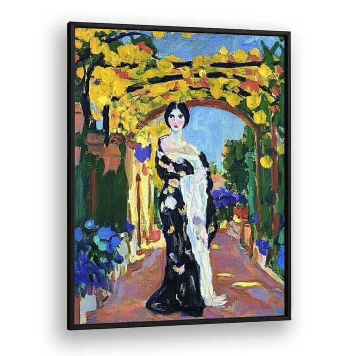 Vibrant artwork titled WOMAN IN A GARDEN, showcasing serenity with a graceful figure among lush flowers. Perfect decor choice.