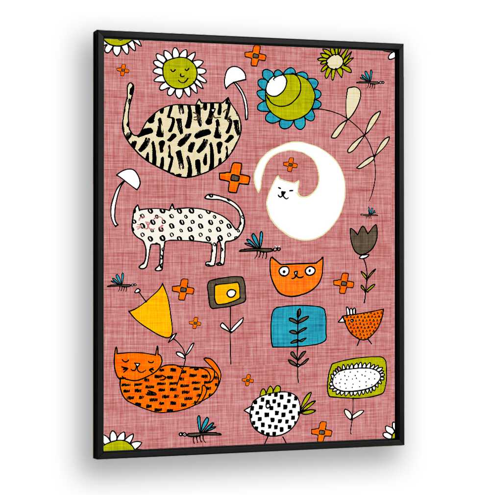 Vibrant SPRING CAT PINK, KIDS ROOM PAINTINGS featuring playful cats and flowers, perfect for a joyful kids' space.