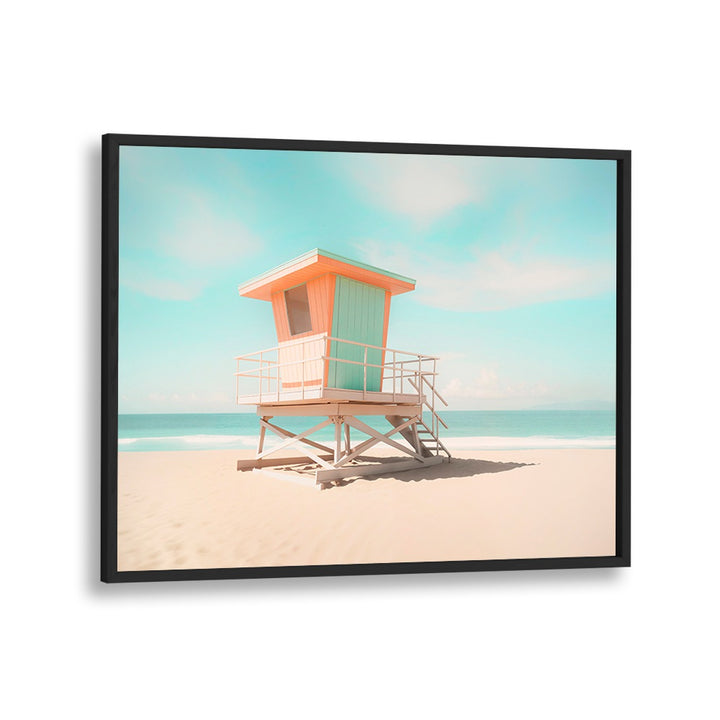 Vibrant LIFEGUARD TOWER MOODS, BEACH PAINTINGS capture a stylish lifeguard tower by the serene shoreline.