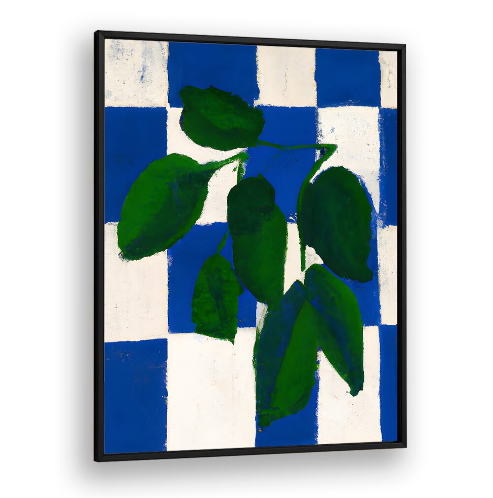 Checkered Greenery Kitchen Posters with vibrant green leaves over blue and white checkered background for stylish kitchens.