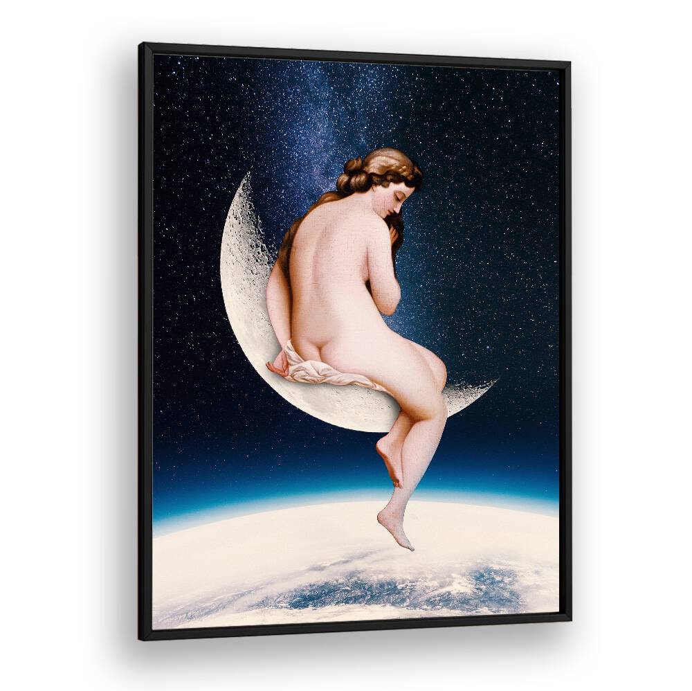 Stunning MOONWATCHER, ALTERED ART PRINTS featuring a whimsical figure on a crescent moon, perfect for elevating your space.