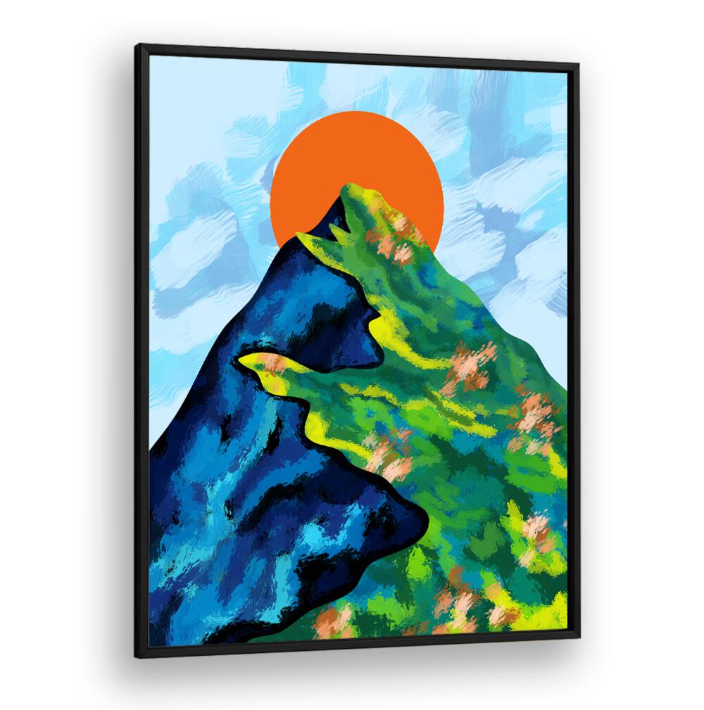 Vibrant BRIGHT HORIZON, LANDSCAPE PAINTINGS showcase colorful mountains and sun, perfect for modern home décor.