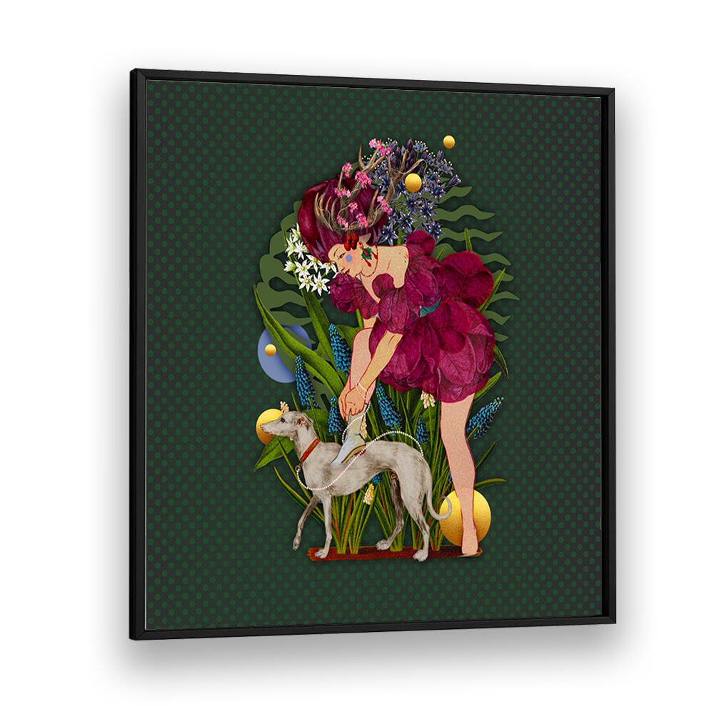 Whimsical art from ENCHANTED FOREST IX, PORTRAITS showcases a vibrant woman and greyhound in a lush, magical setting.