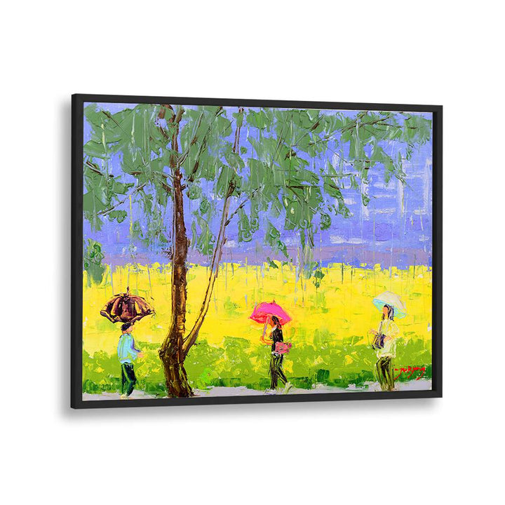 Colorful RAPE FLOWER RAINY DAY, INDIAN ART PAINTINGS depicting figures with umbrellas in a vibrant landscape.