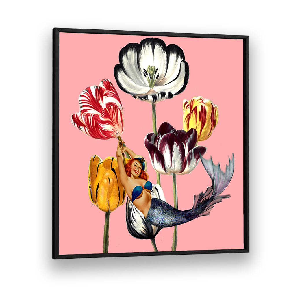 Colorful artwork featuring a mermaid among vibrant flowers, highlighting MERMAID ON EARTH, PORTRAITS collection's charm.