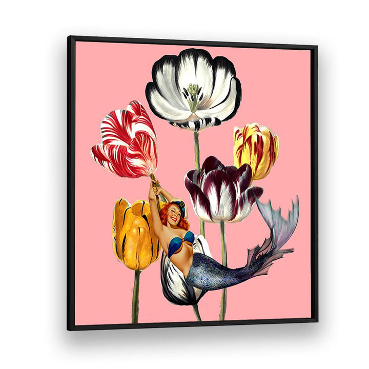 Colorful artwork featuring a mermaid among vibrant flowers, highlighting MERMAID ON EARTH, PORTRAITS collection's charm.